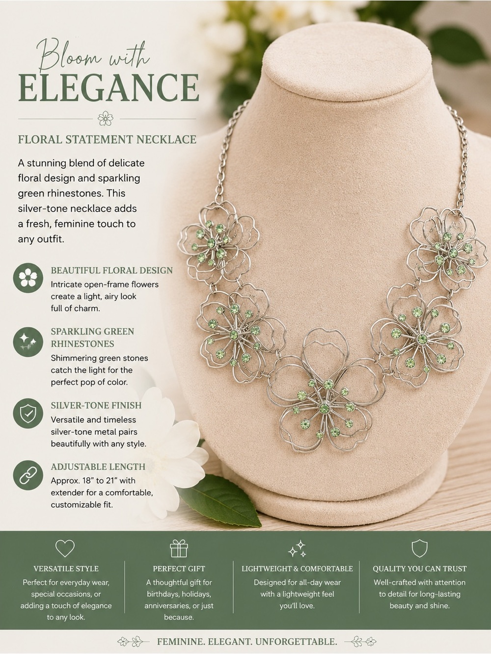 paparazzi Silver-Tone Floral Necklace with Green Accents
